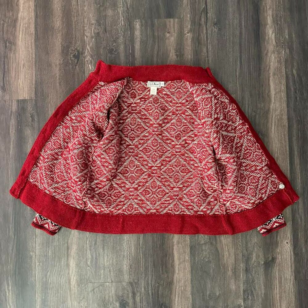 Vtg L.L. Bean Nordic Wool Blend Cardigan Button Up Red White Sweater Sz Medium - Picture 9 of 10